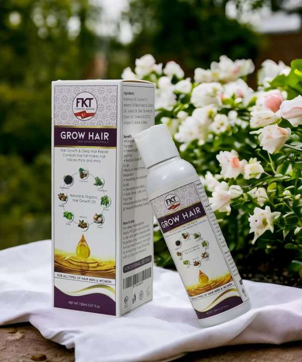 FKT Grow Hair Oil bottle featuring a blend of essential oils for hair growth, including Amla, Bhringraj, and Black Seed, designed to reduce hair fall and enhance scalp health by Dr Grow Care.