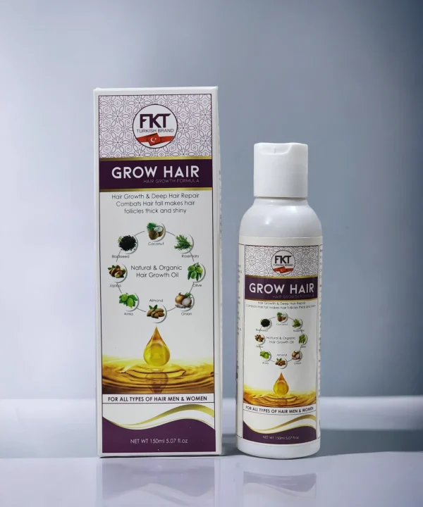 FKT Grow Hair Oil bottle featuring a blend of essential oils for hair growth, including Amla, Bhringraj, and Black Seed, designed to reduce hair fall and enhance scalp health by Dr Grow Care.
