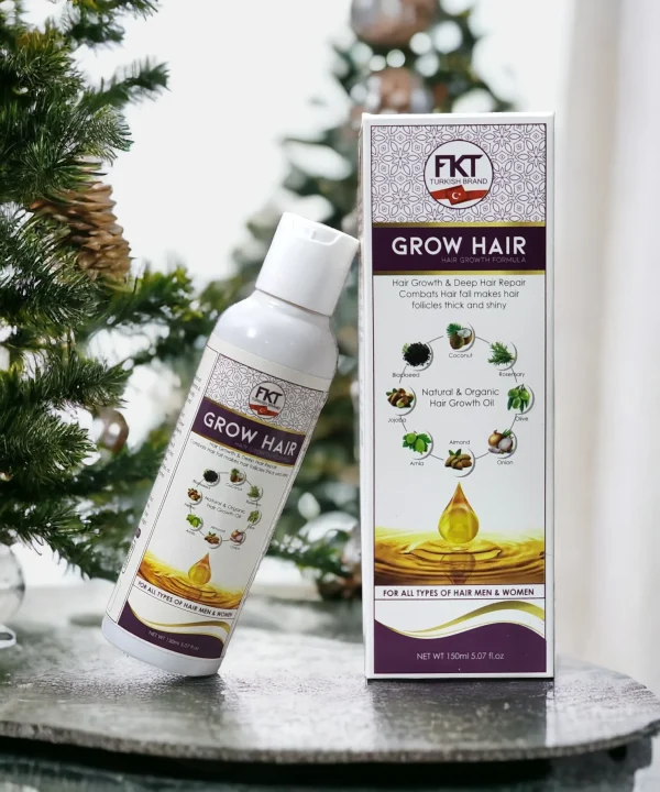 FKT Grow Hair Oil bottle featuring a blend of essential oils for hair growth, including Amla, Bhringraj, and Black Seed, designed to reduce hair fall and enhance scalp health by Dr Grow Care.