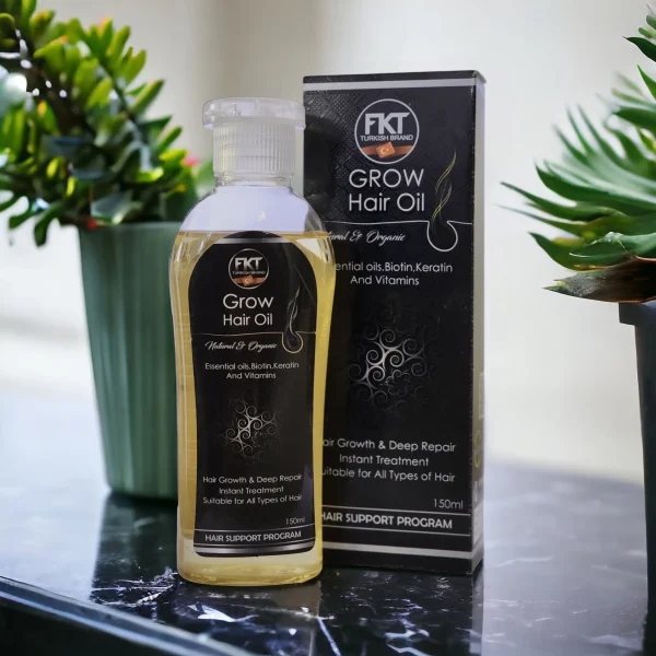 FKT Grow Hair Oil bottle featuring a blend of essential oils for hair growth, including Amla, Bhringraj, and Black Seed, designed to reduce hair fall and enhance scalp health by Dr Grow Care.