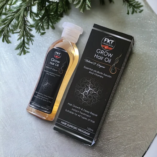 FKT Grow Hair Oil bottle featuring a blend of essential oils for hair growth, including Amla, Bhringraj, and Black Seed, designed to reduce hair fall and enhance scalp health by Dr Grow Care.