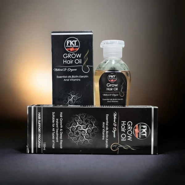 FKT Grow Hair Oil bottle featuring a blend of essential oils for hair growth, including Amla, Bhringraj, and Black Seed, designed to reduce hair fall and enhance scalp health by Dr Grow Care.