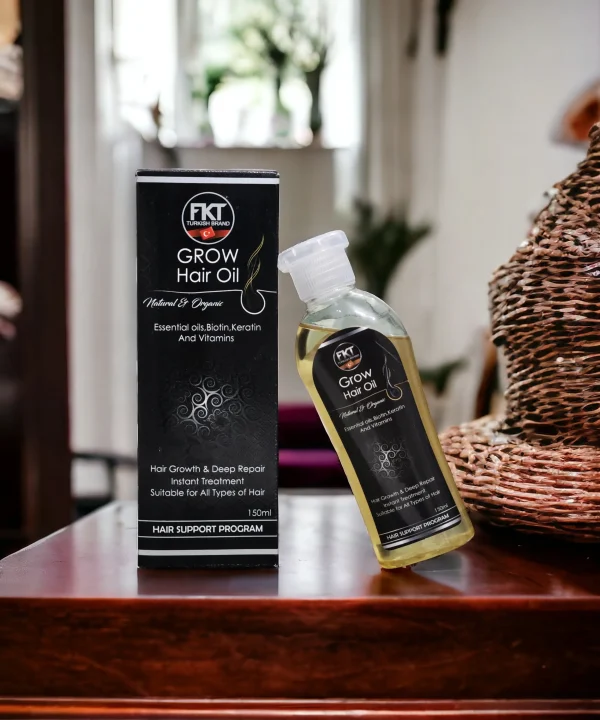 FKT Grow Hair Oil bottle featuring a blend of essential oils for hair growth, including Amla, Bhringraj, and Black Seed, designed to reduce hair fall and enhance scalp health by Dr Grow Care.