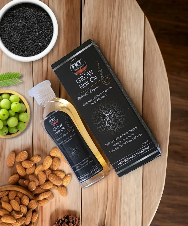 FKT Grow Hair Oil bottle featuring a blend of essential oils for hair growth, including Amla, Bhringraj, and Black Seed, designed to reduce hair fall and enhance scalp health by Dr Grow Care.