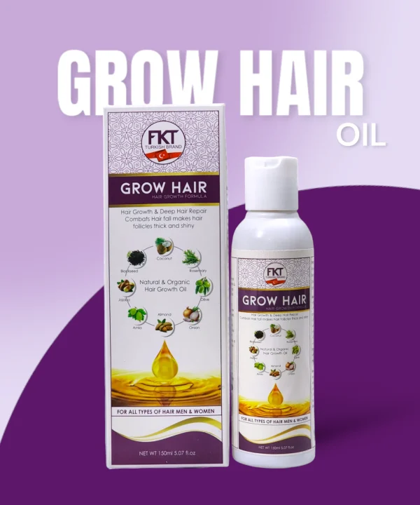 FKT Grow Hair Oil bottle featuring a blend of essential oils for hair growth, including Amla, Bhringraj, and Black Seed, designed to reduce hair fall and enhance scalp health by Dr Grow Care.