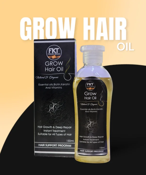 FKT Grow Hair Oil bottle featuring a blend of essential oils for hair growth, including Amla, Bhringraj, and Black Seed, designed to reduce hair fall and enhance scalp health by Dr Grow Care.