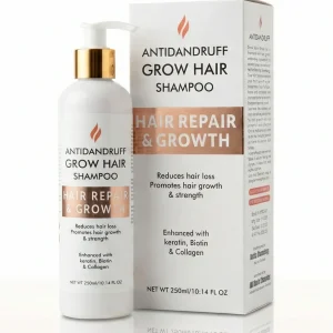 Anti-dandruff grow hair shampoo bottle and box for hair repair, hair growth, and reduced hair fall