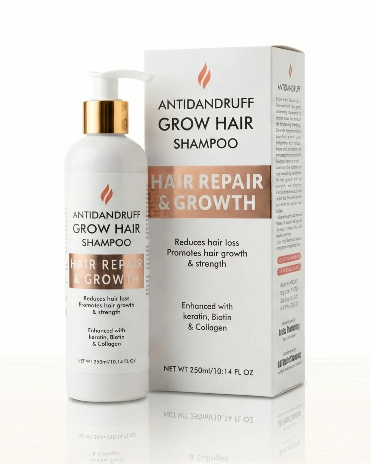 Anti-dandruff grow hair shampoo bottle and box for hair repair, hair growth, and reduced hair fall