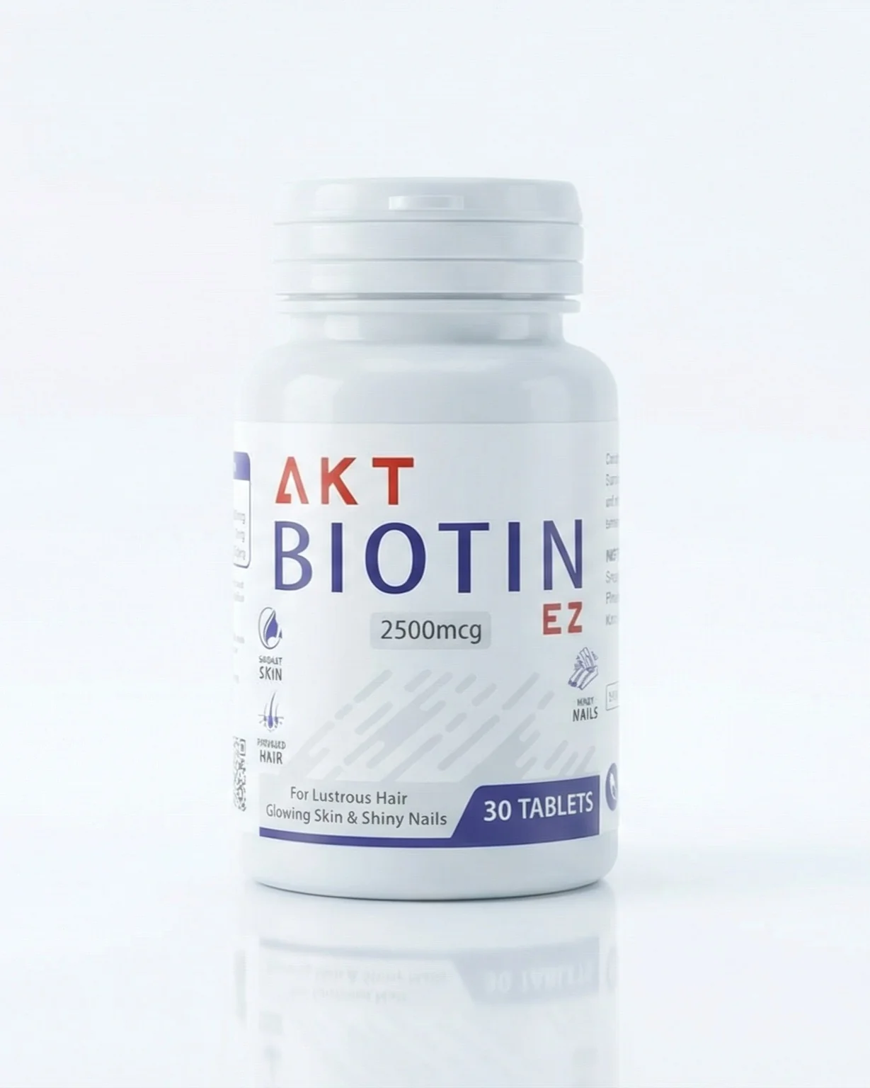 AKT Biotin EZ tablets 2500mcg bottle for healthy hair growth, glowing skin, and strong nails