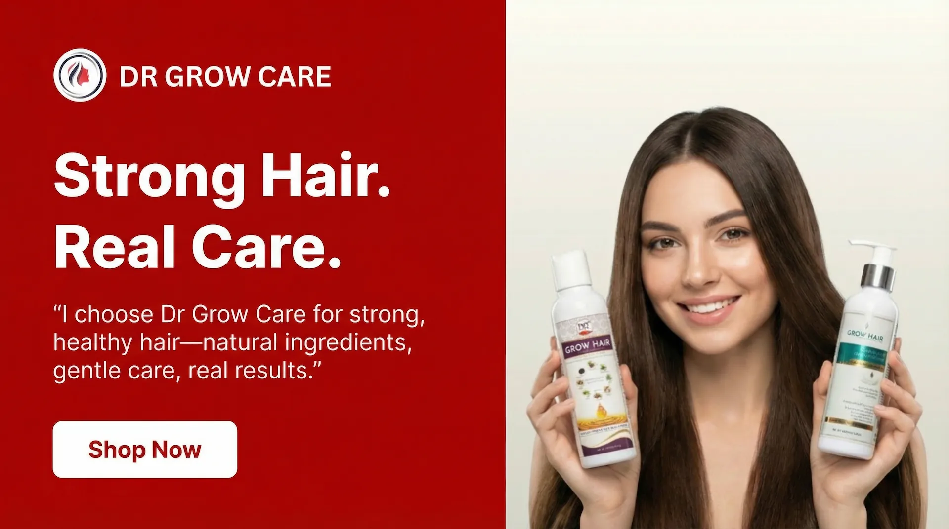 Dr Grow Care Grow Hair shampoo and FKT grow hair Oil bottles held by a smiling woman, promoting natural ingredients for strong, healthy hair.