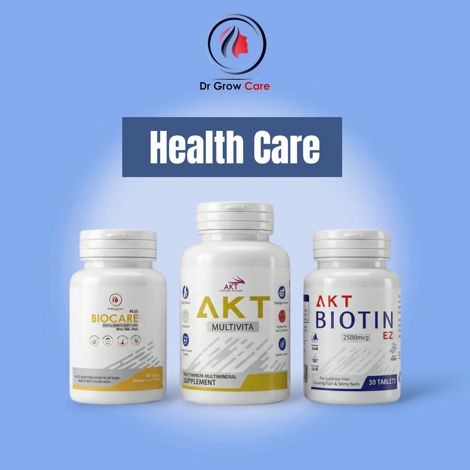 Dr Grow Care hair supplements including biotin and multivitamin tablets for healthy hair growth.
