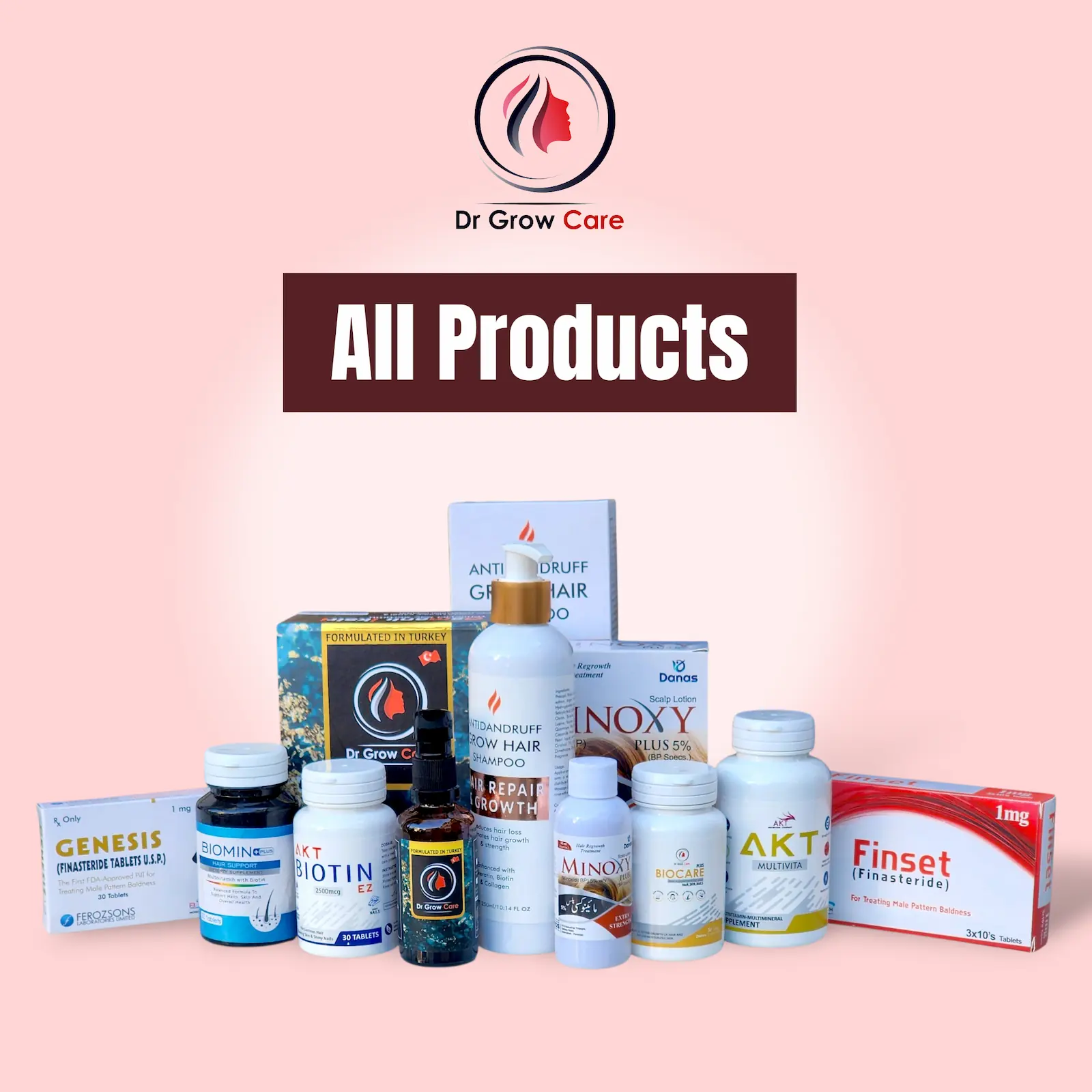 Dr Grow Care complete hair care range with shampoos, serums, supplements, and hair growth treatments.