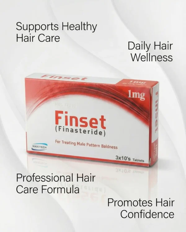 Finset finasteride 1mg tablet box for treating male pattern baldness and hair loss control