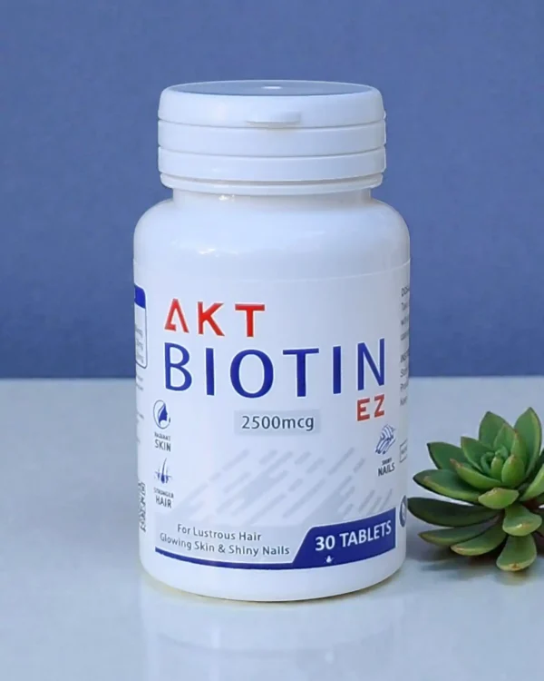 AKT biotin 2 AKT Biotin EZ tablets 2500mcg bottle for healthy hair growth, glowing skin, and strong nails