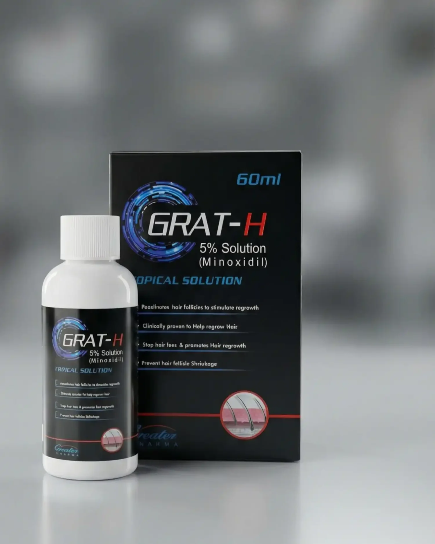 GRAT-H minoxidil 5% topical solution bottle and box for hair regrowth and reducing hair loss
