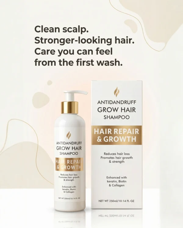 Grow hair shampoo 3 Anti-dandruff grow hair shampoo bottle and box for hair repair, hair growth, and reduced hair fall