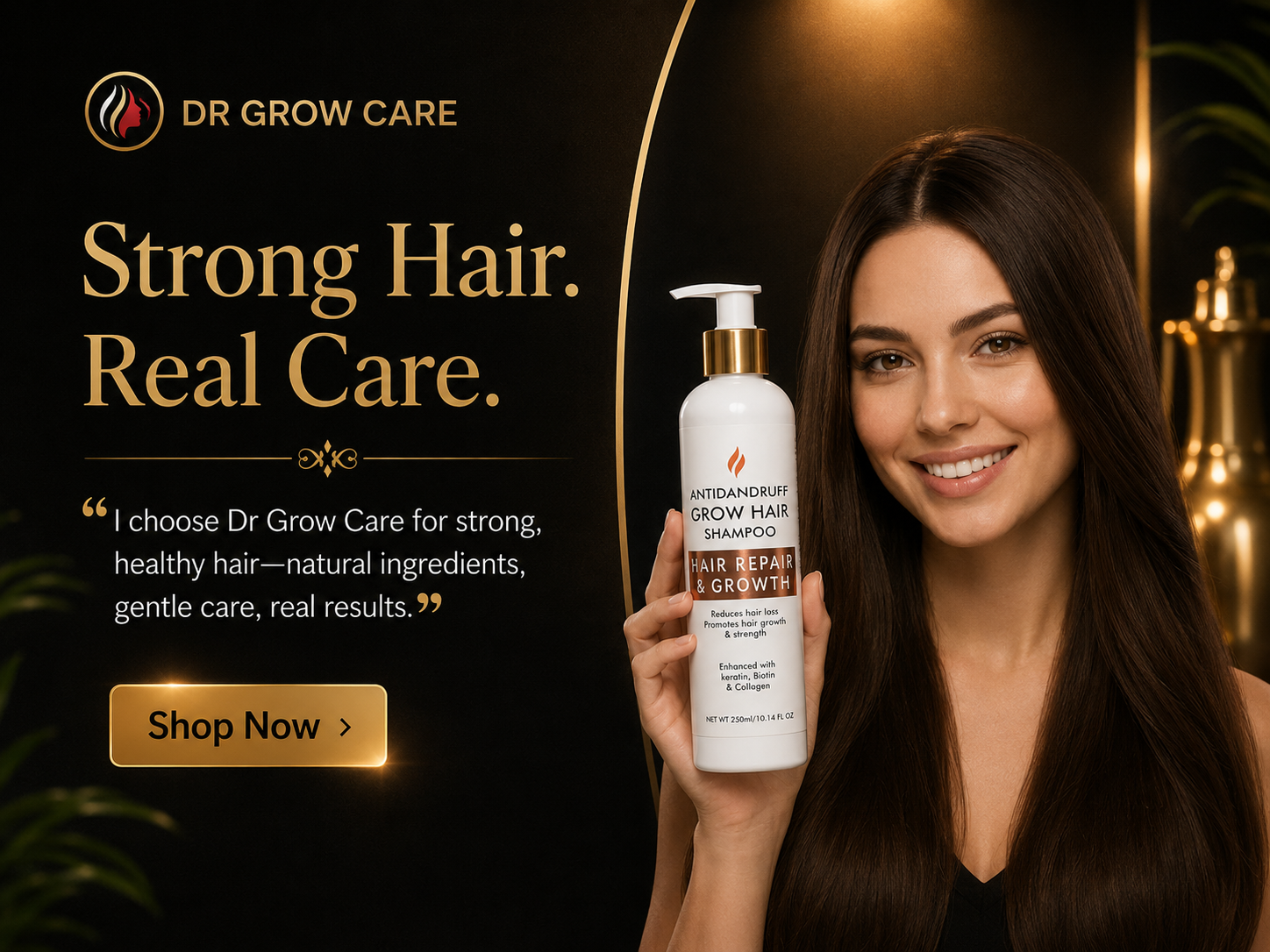 Dr Grow Care Antidandruff grow Hair shampoo held by a smiling woman, promoting natural ingredients for strong, healthy hair.